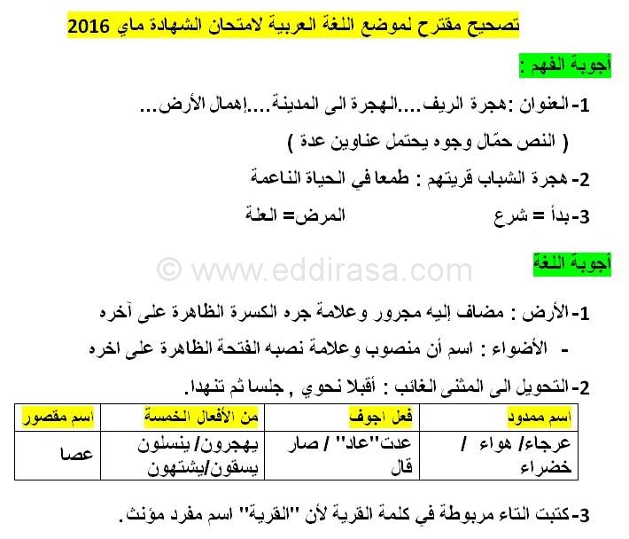 تصحيح موضوع اللغة العربية 2016 لشهادة التعليم الابتدائي